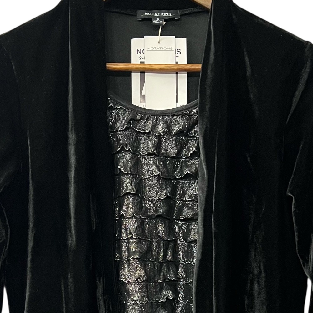 Notations Black Velvet Jacket Silver‎ Ruffle Tank Twinset Women's Size Small - Picture 5 of 8